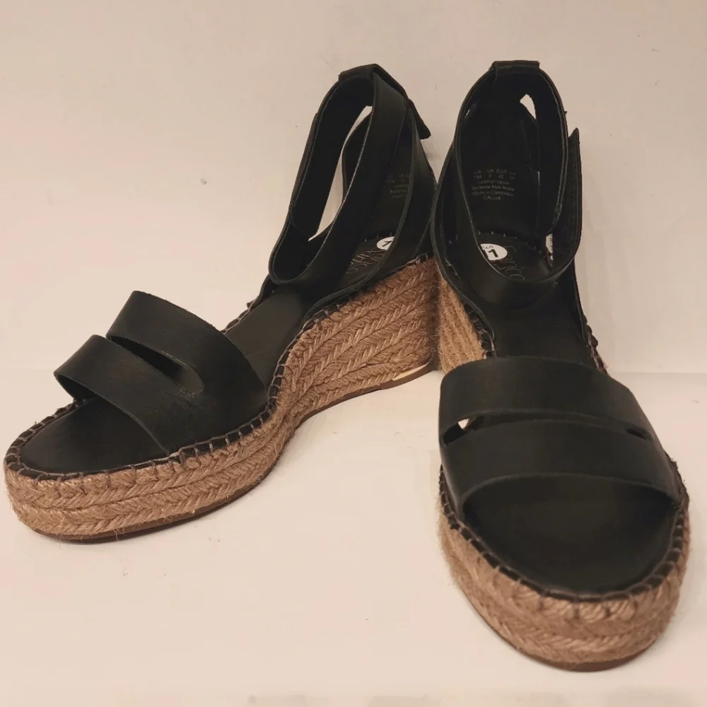 Franco Sarto Callia Espadrille Wedge Sandal In Black Leather Size 11